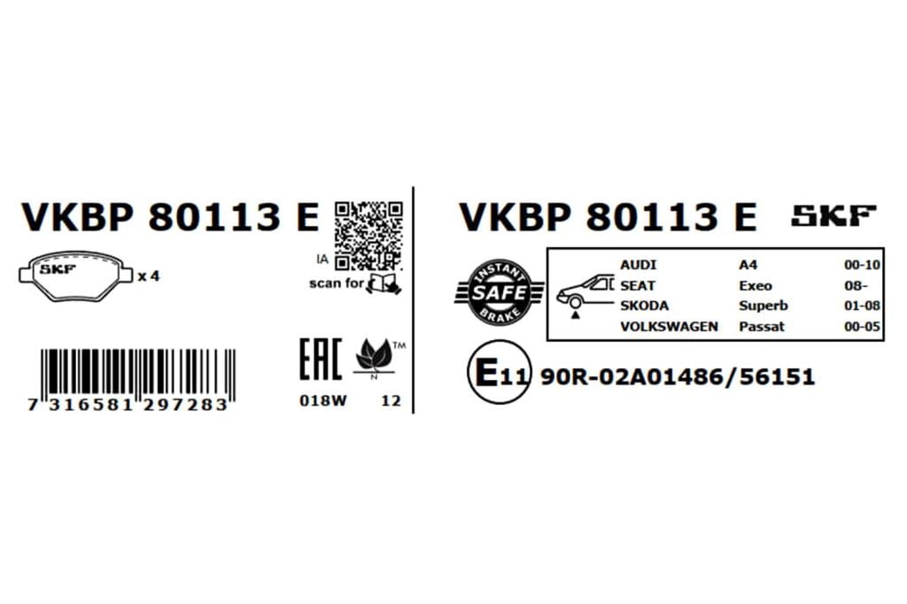 Jeu de 4 plaquettes de frein SKF ref. VKBP 80113 E